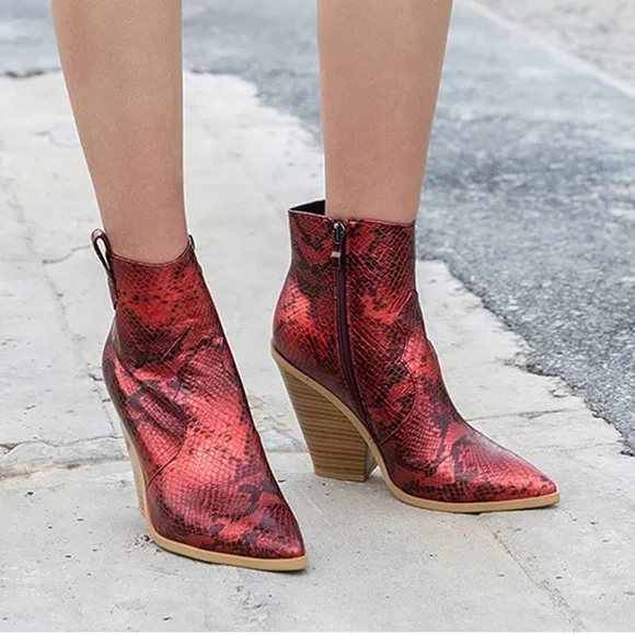 Chunky Heel Western Booties Red Snakeskin Print Side Zipper Cowboy Ankle Boots