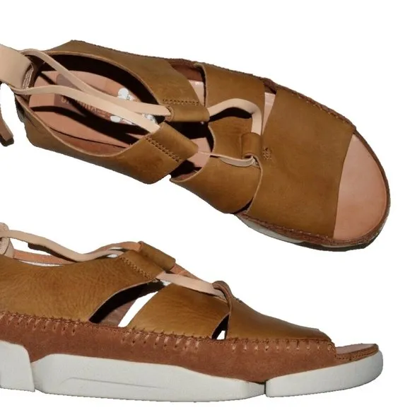 CLARKS ORIGINALS SZ 7.5 M 38 BROWN LEATHER ANKLE WRAP FLAT SANDALS