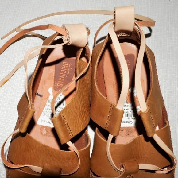 CLARKS ORIGINALS SZ 7.5 M 38 BROWN LEATHER ANKLE WRAP FLAT SANDALS