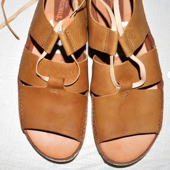 CLARKS ORIGINALS SZ 7.5 M 38 BROWN LEATHER ANKLE WRAP FLAT SANDALS