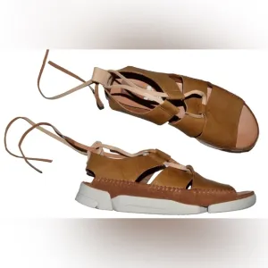 CLARKS ORIGINALS SZ 7.5 M 38 BROWN LEATHER ANKLE WRAP FLAT SANDALS