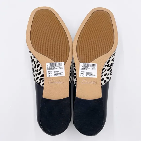 Clarks Pure Tone Black White Combination Calf Hair Spotted Fur Loafers Size 8