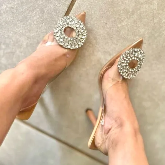 Clear vinyl rhinestone embellished heels