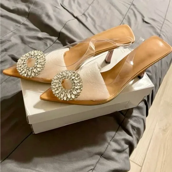 Clear vinyl rhinestone embellished heels