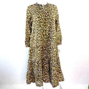 Cleobella Brown Long Sleeve Midi Dress Size M Animal Print Boho Peasant Cotton