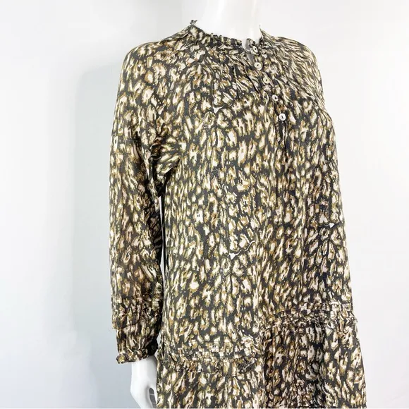 Cleobella Brown Long Sleeve Midi Dress Size M Animal Print Boho Peasant Cotton