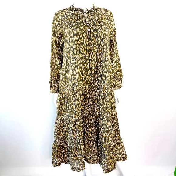 Cleobella Brown Long Sleeve Midi Dress Size M Animal Print Boho Peasant Cotton