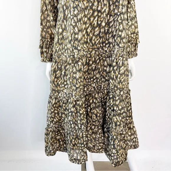 Cleobella Brown Long Sleeve Midi Dress Size M Animal Print Boho Peasant Cotton