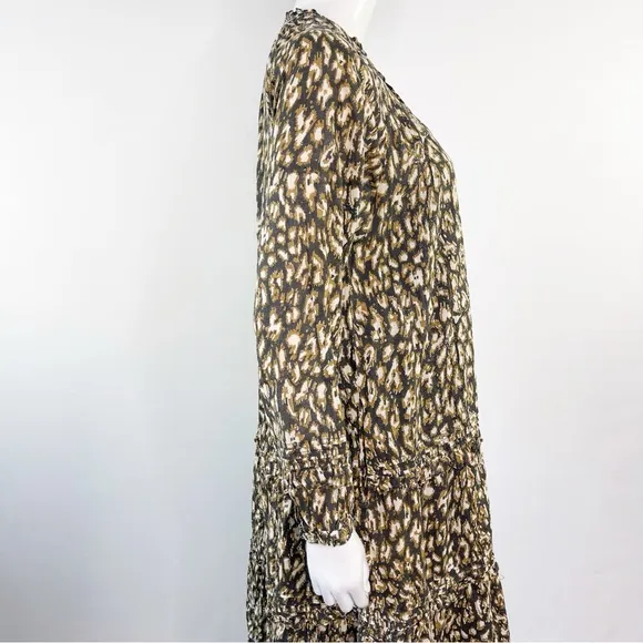 Cleobella Brown Long Sleeve Midi Dress Size M Animal Print Boho Peasant Cotton