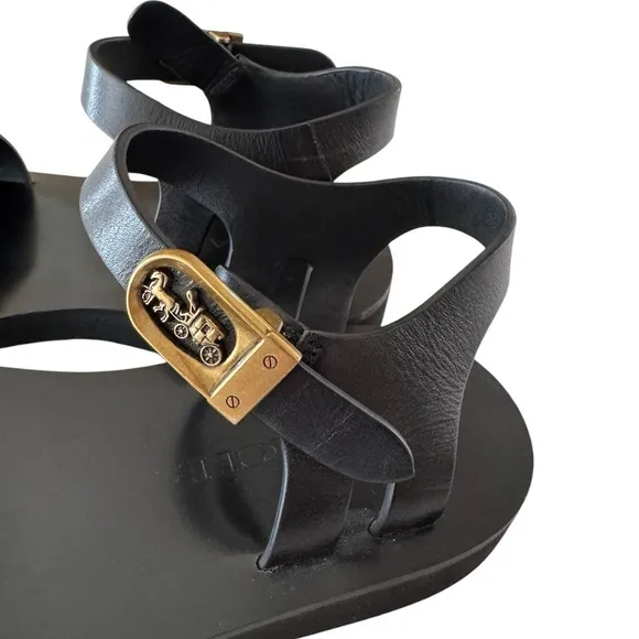 Coach 1941 Black Flat Leather Sandals
