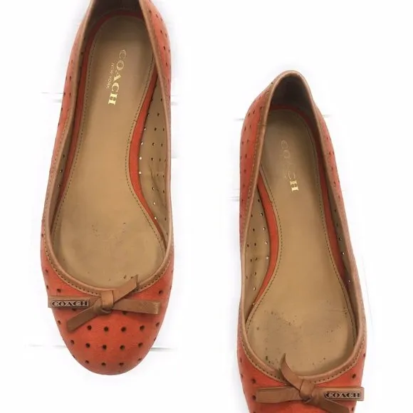 Coach Daisey Perforated Suede/Veg Leather Papaya Red Orange Slip Ons Flats