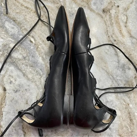 Coach Justine Black Leather Pointy Toe Ballet Flats Women’s 7.5 Strappy Lace Up