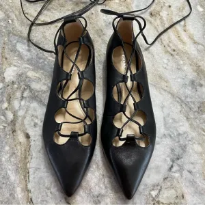 Coach Justine Black Leather Pointy Toe Ballet Flats Women’s 7.5 Strappy Lace Up