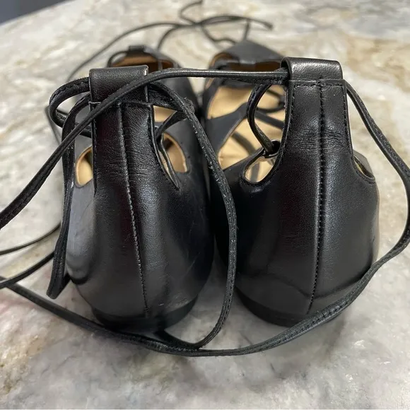 Coach Justine Black Leather Pointy Toe Ballet Flats Women’s 7.5 Strappy Lace Up