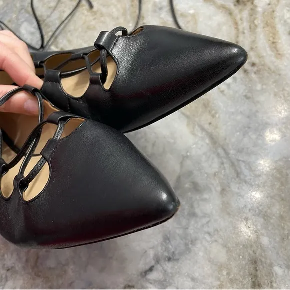 Coach Justine Black Leather Pointy Toe Ballet Flats Women’s 7.5 Strappy Lace Up