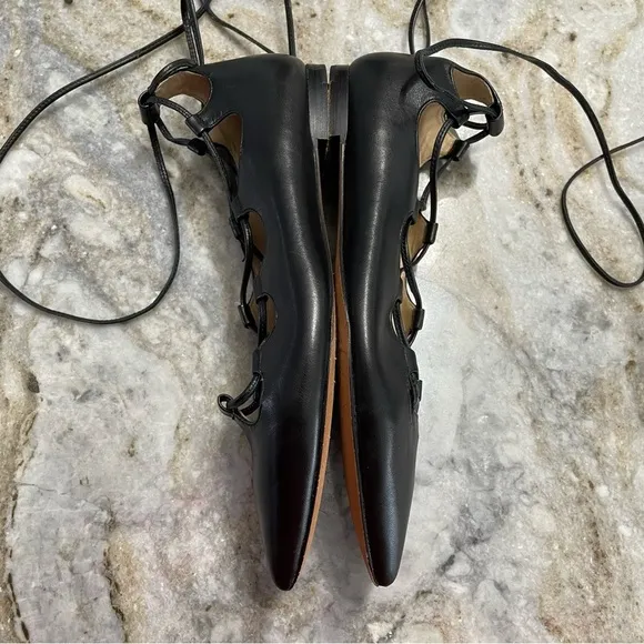 Coach Justine Black Leather Pointy Toe Ballet Flats Women’s 7.5 Strappy Lace Up