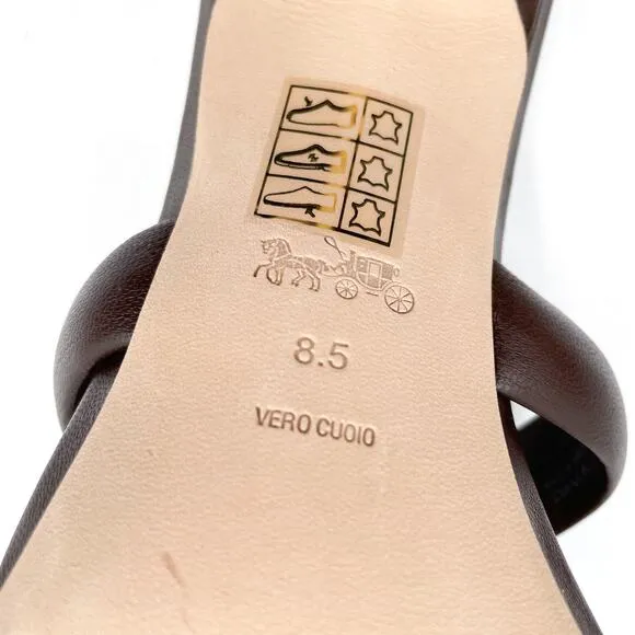 Coach Kellie Sandals NEW Brown Leather Heels Strappy Square Toe Logo Sz 8.5