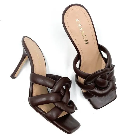 Coach Kellie Sandals NEW Brown Leather Heels Strappy Square Toe Logo Sz 8.5