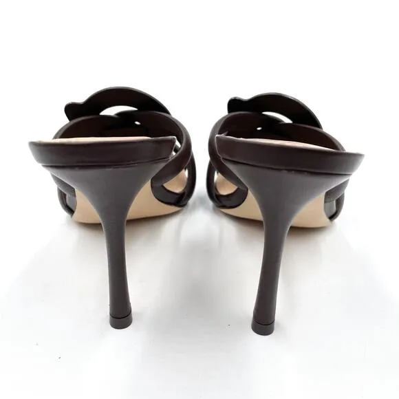 Coach Kellie Sandals NEW Brown Leather Heels Strappy Square Toe Logo Sz 8.5