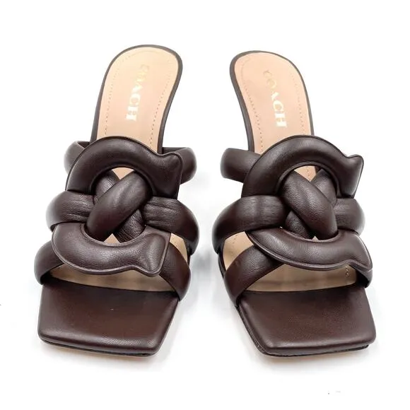 Coach Kellie Sandals NEW Brown Leather Heels Strappy Square Toe Logo Sz 8.5