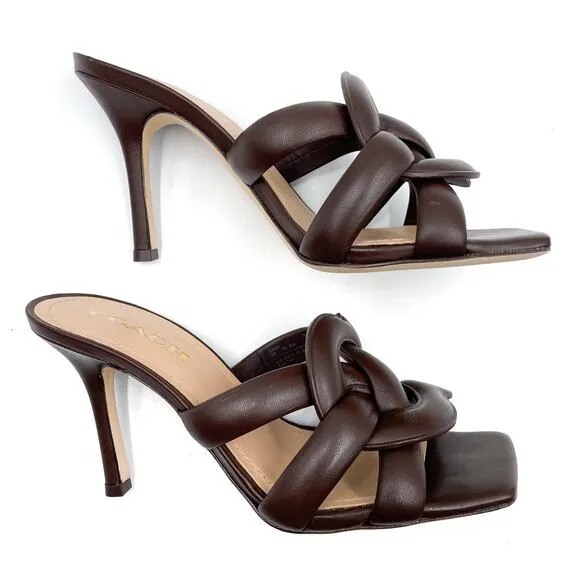 Coach Kellie Sandals NEW Brown Leather Heels Strappy Square Toe Logo Sz 8.5