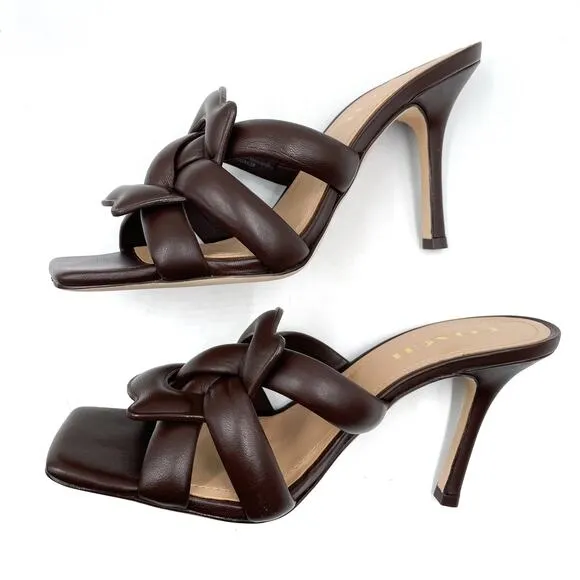 Coach Kellie Sandals NEW Brown Leather Heels Strappy Square Toe Logo Sz 8.5