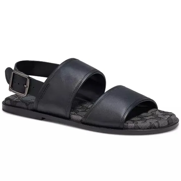Coach Men's Two Strap Black Leather Sandal with Signature Jacquard Footbed