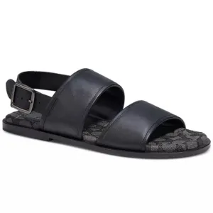 Coach Men's Two Strap Black Leather Sandal with Signature Jacquard Footbed