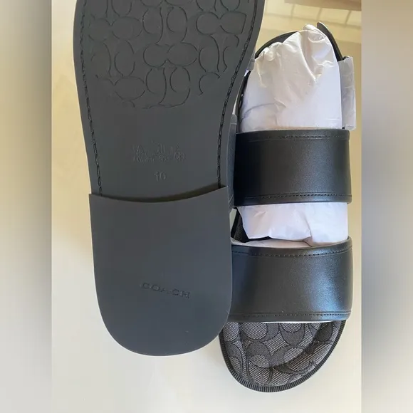 Coach Men's Two Strap Black Leather Sandal with Signature Jacquard Footbed
