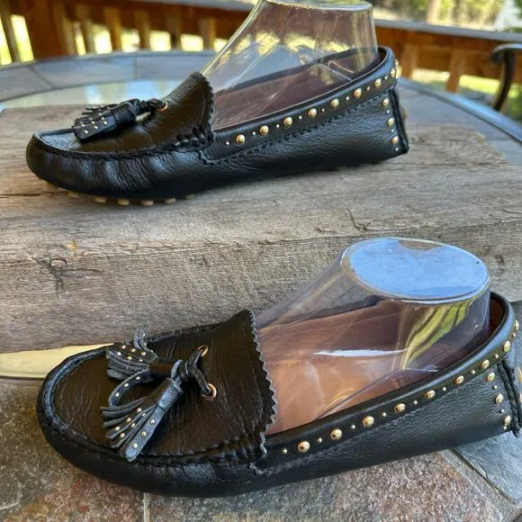 Coach Norfolk Tassel Loafer Flats 7.5B Black Leather Gold Studded Driving Mocs