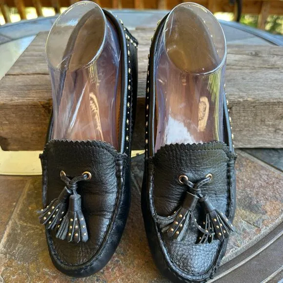 Coach Norfolk Tassel Loafer Flats 7.5B Black Leather Gold Studded Driving Mocs