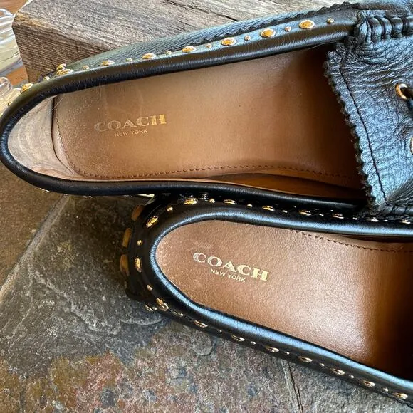 Coach Norfolk Tassel Loafer Flats 7.5B Black Leather Gold Studded Driving Mocs