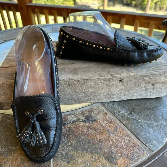 Coach Norfolk Tassel Loafer Flats 7.5B Black Leather Gold Studded Driving Mocs