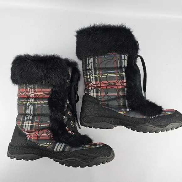 Coach Women's Jennie Q522 Signature Plaid Rabbit Fur Trimmed Winter Boots 10B