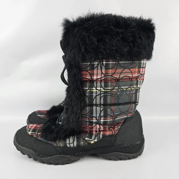 Coach Women's Jennie Q522 Signature Plaid Rabbit Fur Trimmed Winter Boots 10B