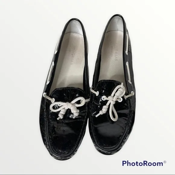 COLE HAAN Black Nantucket Camp Patent Leather Moccasin Boat Shoe, Size 7B