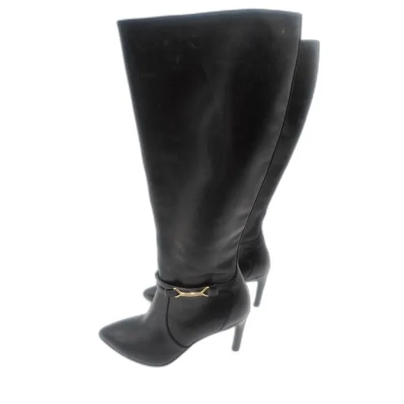 Cole Haan Loveth Tall Black Leather Boots Full Zip Heeled Knee High 9B