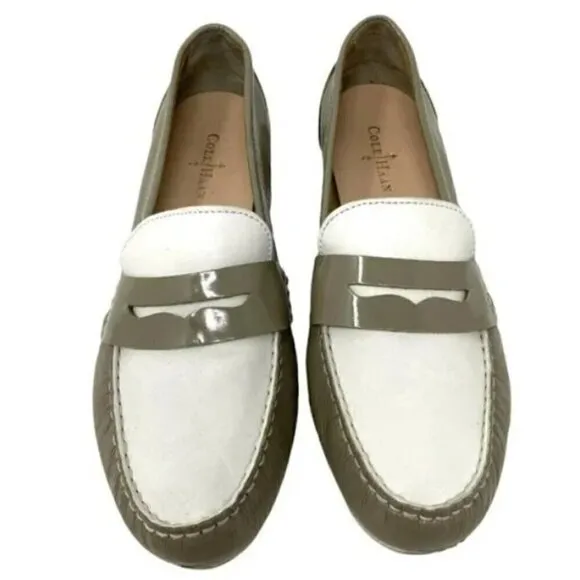 Cole Haan Monroe Patent Leather Two-Tone Taupe &amp; White Penny Loafers - Size 8