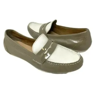 Cole Haan Monroe Patent Leather Two-Tone Taupe &amp; White Penny Loafers - Size 8