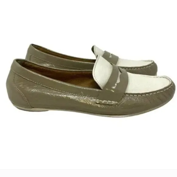 Cole Haan Monroe Patent Leather Two-Tone Taupe &amp; White Penny Loafers - Size 8