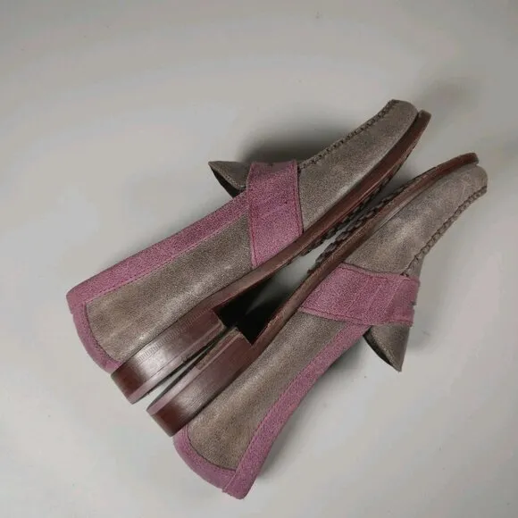COLE HAAN Monroe Penny Loafers 2-Tone Taupe Purple Leather Suede Size 10.5 M