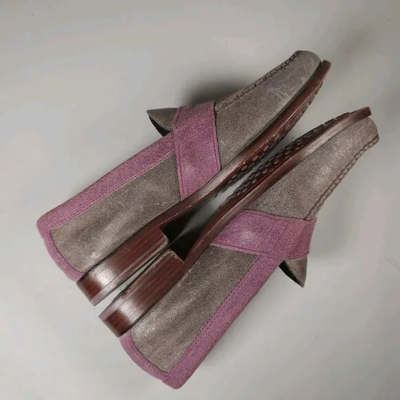 COLE HAAN Monroe Penny Loafers 2-Tone Taupe Purple Leather Suede Size 10.5 M