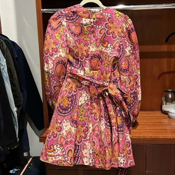 Couture linen bright print wrap dress with puff sleeves by Zimmerman