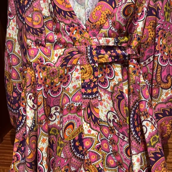 Couture linen bright print wrap dress with puff sleeves by Zimmerman