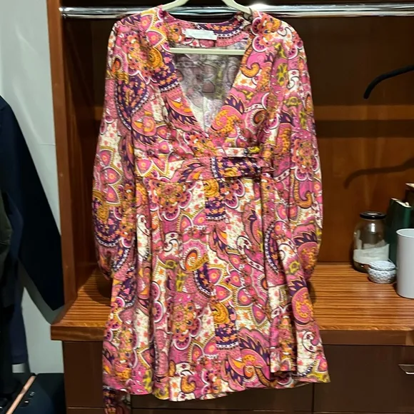 Couture linen bright print wrap dress with puff sleeves by Zimmerman