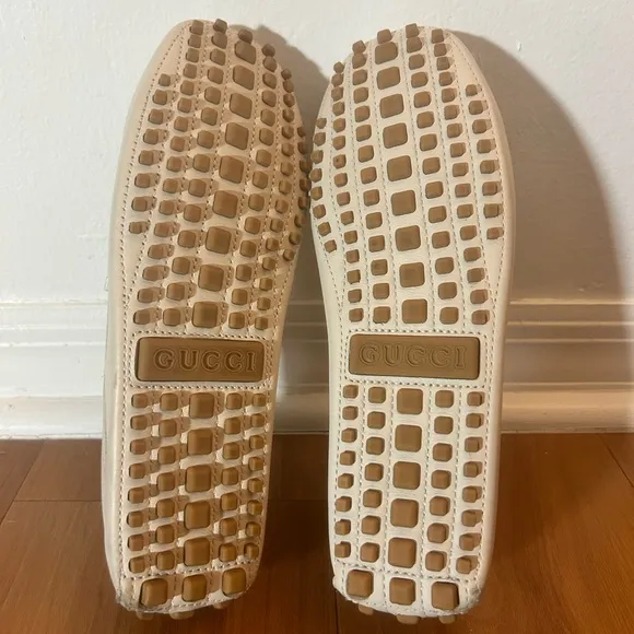 Cream Leather Slip-On Loafers with Gold Hardware