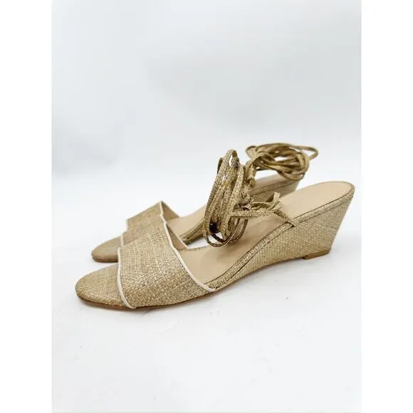 Cult Gaia Mirai Lace-Up Beige Raffia Wedge Sandals Size 41