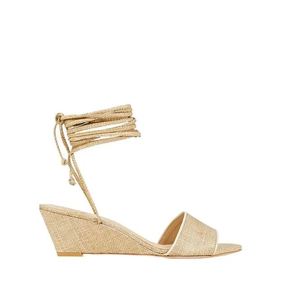 Cult Gaia Mirai Lace-Up Beige Raffia Wedge Sandals Size 41