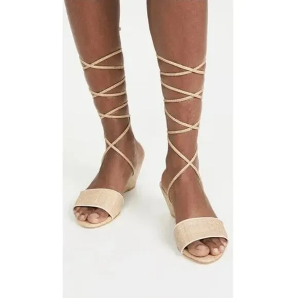 Cult Gaia Mirai Lace-Up Beige Raffia Wedge Sandals Size 41