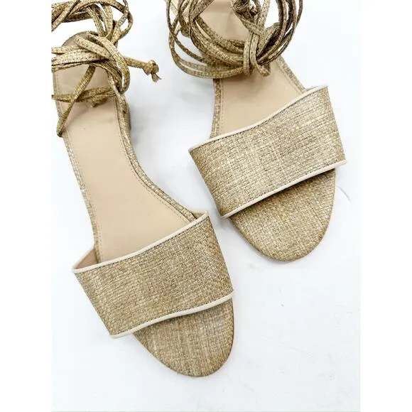 Cult Gaia Mirai Lace-Up Beige Raffia Wedge Sandals Size 41